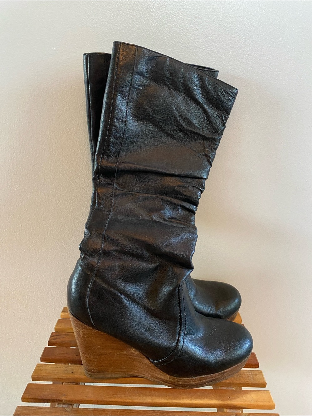 Black Wedge Tall Boot - Women's Stylish Leather Fashion Boot